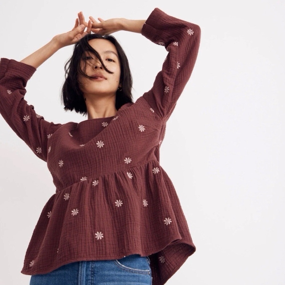 Madewell Embroidered Lightspun Peplum Open-back Top in Vintage Mullberry Size M